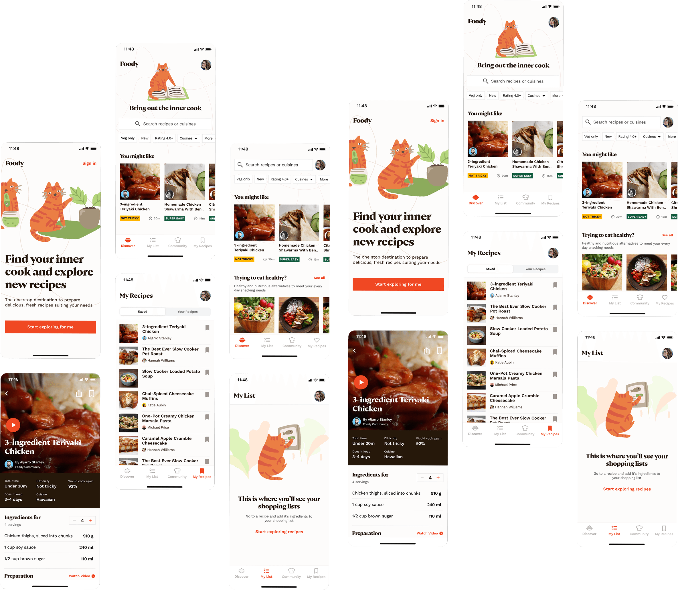 Foody app screens — recipe cards, Find your inner cook, My Recipes